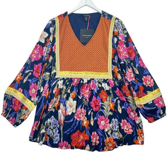 Cynthia Rowley Floral Boho Blouse Navy Multicolor Peasant Top Long Sleeve Sz 1X - Picture 1 of 10